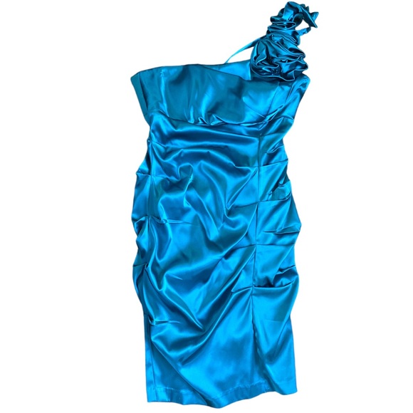 XScape One Shoulder Ruched Cocktail Bodycon Dress Turquoise - Picture 3 of 8